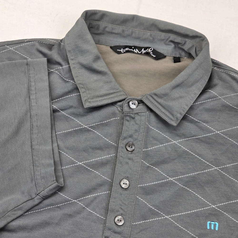 TravisMathew Polo Shirt Mens Large Gray Diamond Grid Short Sleeve Performance